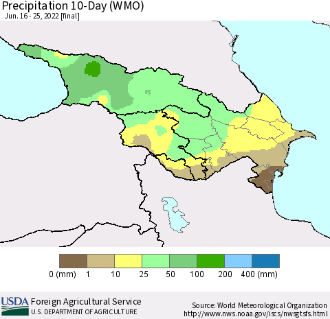 Azerbaijan, Armenia and Georgia Precipitation 10-Day (WMO) Thematic Map For 6/16/2022 - 6/25/2022