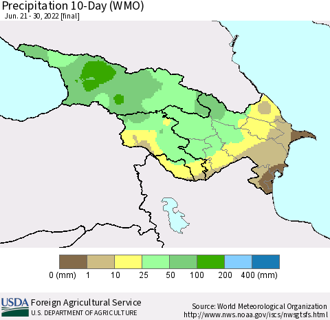Azerbaijan, Armenia and Georgia Precipitation 10-Day (WMO) Thematic Map For 6/21/2022 - 6/30/2022