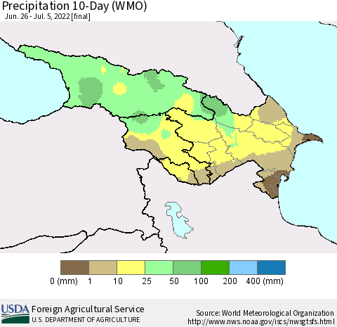 Azerbaijan, Armenia and Georgia Precipitation 10-Day (WMO) Thematic Map For 6/26/2022 - 7/5/2022