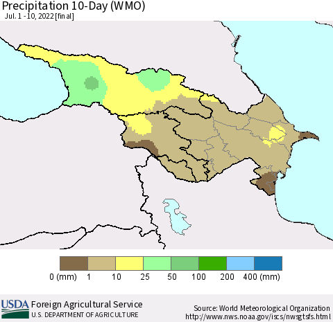 Azerbaijan, Armenia and Georgia Precipitation 10-Day (WMO) Thematic Map For 7/1/2022 - 7/10/2022