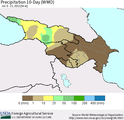 Azerbaijan, Armenia and Georgia Precipitation 10-Day (WMO) Thematic Map For 7/6/2022 - 7/15/2022