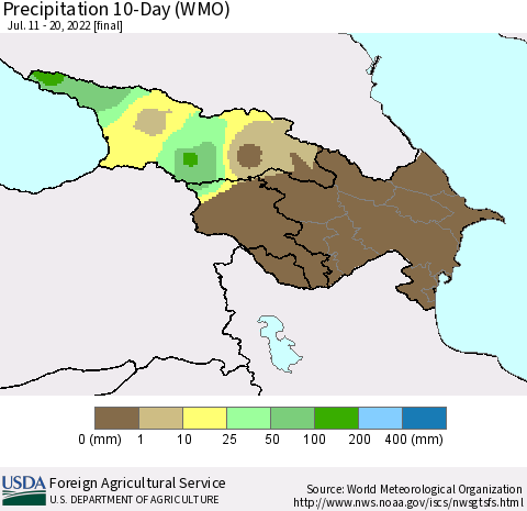 Azerbaijan, Armenia and Georgia Precipitation 10-Day (WMO) Thematic Map For 7/11/2022 - 7/20/2022