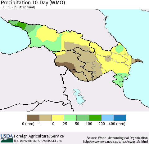 Azerbaijan, Armenia and Georgia Precipitation 10-Day (WMO) Thematic Map For 7/16/2022 - 7/25/2022