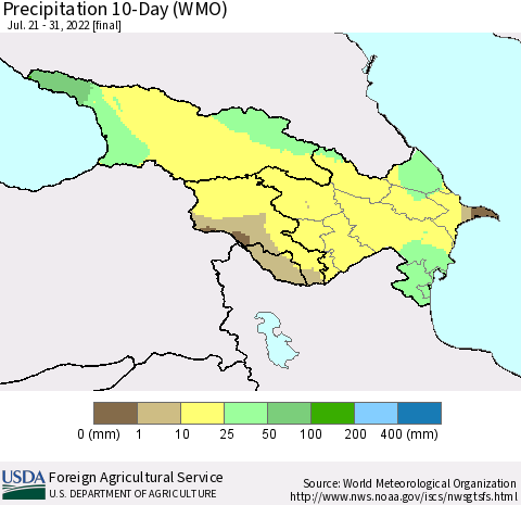 Azerbaijan, Armenia and Georgia Precipitation 10-Day (WMO) Thematic Map For 7/21/2022 - 7/31/2022