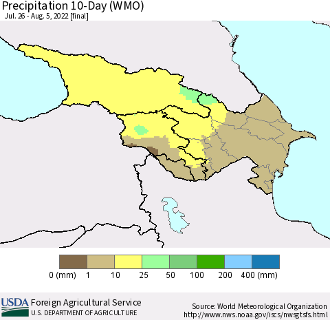 Azerbaijan, Armenia and Georgia Precipitation 10-Day (WMO) Thematic Map For 7/26/2022 - 8/5/2022