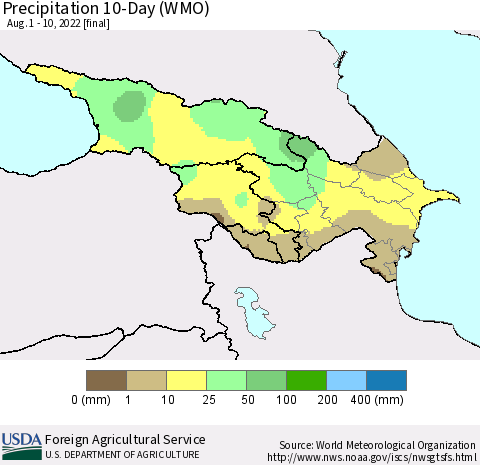 Azerbaijan, Armenia and Georgia Precipitation 10-Day (WMO) Thematic Map For 8/1/2022 - 8/10/2022