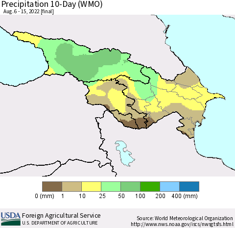 Azerbaijan, Armenia and Georgia Precipitation 10-Day (WMO) Thematic Map For 8/6/2022 - 8/15/2022
