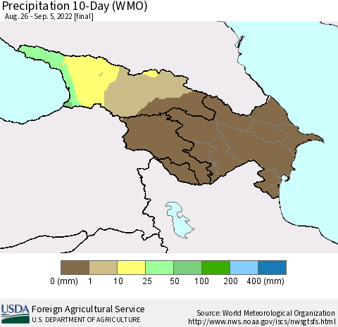 Azerbaijan, Armenia and Georgia Precipitation 10-Day (WMO) Thematic Map For 8/26/2022 - 9/5/2022