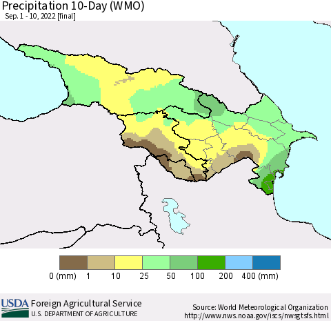 Azerbaijan, Armenia and Georgia Precipitation 10-Day (WMO) Thematic Map For 9/1/2022 - 9/10/2022