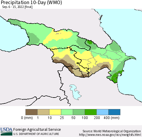 Azerbaijan, Armenia and Georgia Precipitation 10-Day (WMO) Thematic Map For 9/6/2022 - 9/15/2022