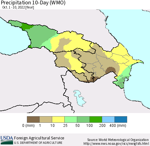 Azerbaijan, Armenia and Georgia Precipitation 10-Day (WMO) Thematic Map For 10/1/2022 - 10/10/2022