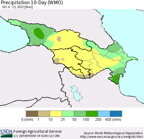 Azerbaijan, Armenia and Georgia Precipitation 10-Day (WMO) Thematic Map For 10/6/2022 - 10/15/2022