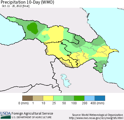 Azerbaijan, Armenia and Georgia Precipitation 10-Day (WMO) Thematic Map For 10/11/2022 - 10/20/2022