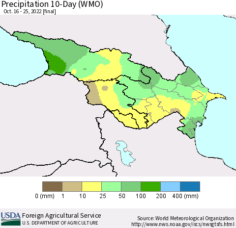 Azerbaijan, Armenia and Georgia Precipitation 10-Day (WMO) Thematic Map For 10/16/2022 - 10/25/2022