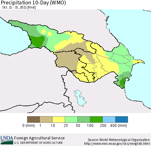 Azerbaijan, Armenia and Georgia Precipitation 10-Day (WMO) Thematic Map For 10/21/2022 - 10/31/2022
