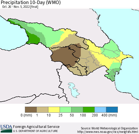 Azerbaijan, Armenia and Georgia Precipitation 10-Day (WMO) Thematic Map For 10/26/2022 - 11/5/2022