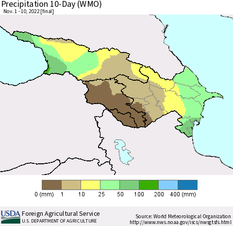Azerbaijan, Armenia and Georgia Precipitation 10-Day (WMO) Thematic Map For 11/1/2022 - 11/10/2022