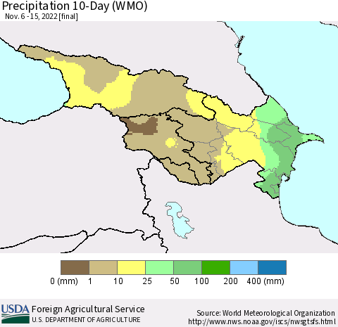 Azerbaijan, Armenia and Georgia Precipitation 10-Day (WMO) Thematic Map For 11/6/2022 - 11/15/2022