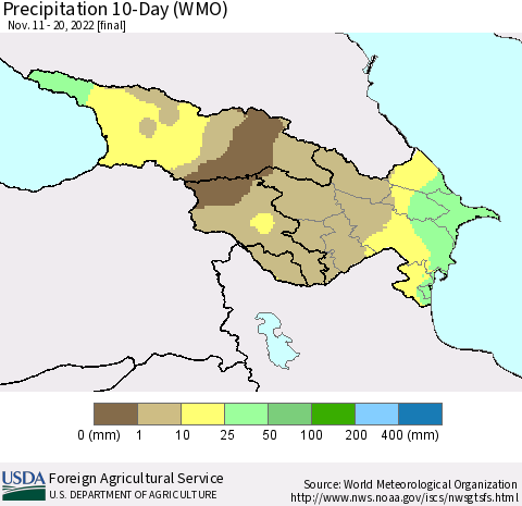 Azerbaijan, Armenia and Georgia Precipitation 10-Day (WMO) Thematic Map For 11/11/2022 - 11/20/2022