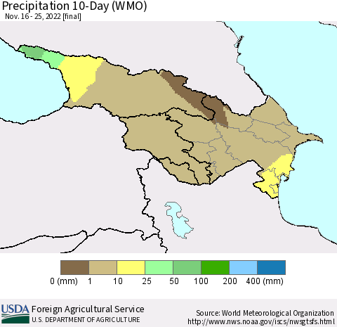 Azerbaijan, Armenia and Georgia Precipitation 10-Day (WMO) Thematic Map For 11/16/2022 - 11/25/2022