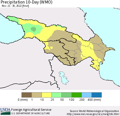 Azerbaijan, Armenia and Georgia Precipitation 10-Day (WMO) Thematic Map For 11/21/2022 - 11/30/2022