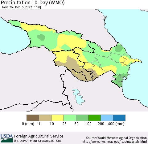 Azerbaijan, Armenia and Georgia Precipitation 10-Day (WMO) Thematic Map For 11/26/2022 - 12/5/2022