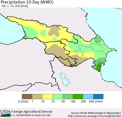 Azerbaijan, Armenia and Georgia Precipitation 10-Day (WMO) Thematic Map For 12/1/2022 - 12/10/2022