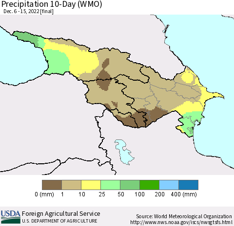 Azerbaijan, Armenia and Georgia Precipitation 10-Day (WMO) Thematic Map For 12/6/2022 - 12/15/2022