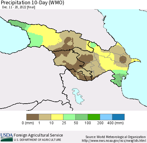 Azerbaijan, Armenia and Georgia Precipitation 10-Day (WMO) Thematic Map For 12/11/2022 - 12/20/2022