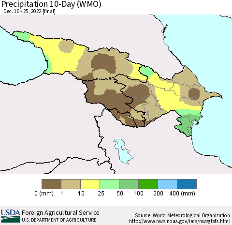 Azerbaijan, Armenia and Georgia Precipitation 10-Day (WMO) Thematic Map For 12/16/2022 - 12/25/2022