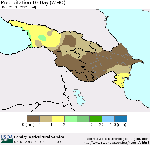 Azerbaijan, Armenia and Georgia Precipitation 10-Day (WMO) Thematic Map For 12/21/2022 - 12/31/2022