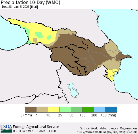 Azerbaijan, Armenia and Georgia Precipitation 10-Day (WMO) Thematic Map For 12/26/2022 - 1/5/2023