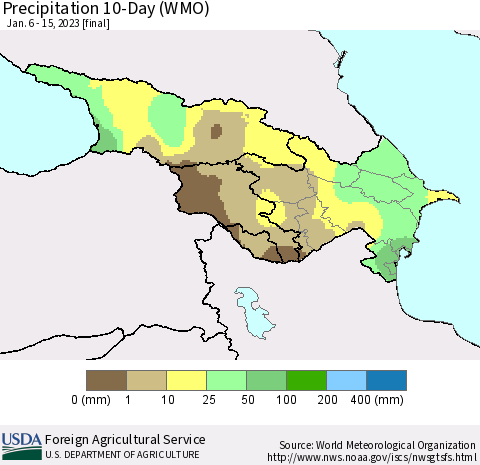 Azerbaijan, Armenia and Georgia Precipitation 10-Day (WMO) Thematic Map For 1/6/2023 - 1/15/2023