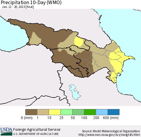 Azerbaijan, Armenia and Georgia Precipitation 10-Day (WMO) Thematic Map For 1/11/2023 - 1/20/2023