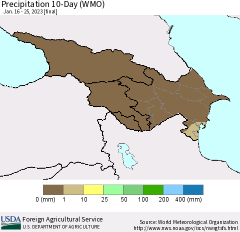 Azerbaijan, Armenia and Georgia Precipitation 10-Day (WMO) Thematic Map For 1/16/2023 - 1/25/2023