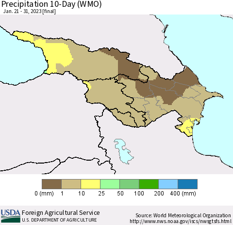 Azerbaijan, Armenia and Georgia Precipitation 10-Day (WMO) Thematic Map For 1/21/2023 - 1/31/2023