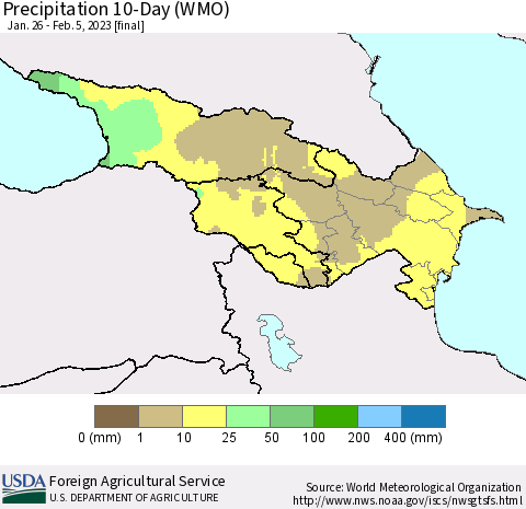 Azerbaijan, Armenia and Georgia Precipitation 10-Day (WMO) Thematic Map For 1/26/2023 - 2/5/2023