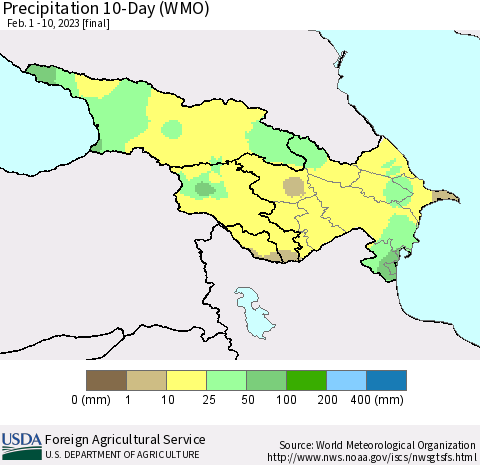 Azerbaijan, Armenia and Georgia Precipitation 10-Day (WMO) Thematic Map For 2/1/2023 - 2/10/2023