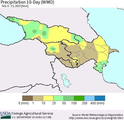 Azerbaijan, Armenia and Georgia Precipitation 10-Day (WMO) Thematic Map For 2/6/2023 - 2/15/2023