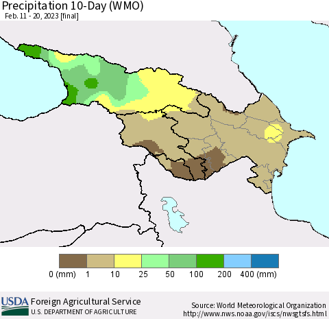 Azerbaijan, Armenia and Georgia Precipitation 10-Day (WMO) Thematic Map For 2/11/2023 - 2/20/2023