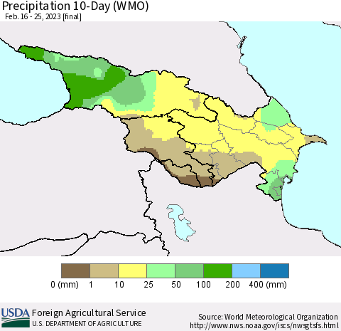 Azerbaijan, Armenia and Georgia Precipitation 10-Day (WMO) Thematic Map For 2/16/2023 - 2/25/2023