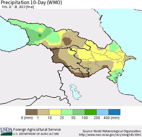 Azerbaijan, Armenia and Georgia Precipitation 10-Day (WMO) Thematic Map For 2/21/2023 - 2/28/2023