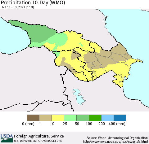 Azerbaijan, Armenia and Georgia Precipitation 10-Day (WMO) Thematic Map For 3/1/2023 - 3/10/2023