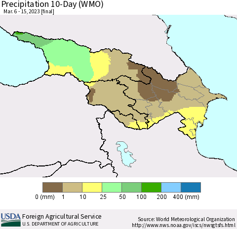 Azerbaijan, Armenia and Georgia Precipitation 10-Day (WMO) Thematic Map For 3/6/2023 - 3/15/2023