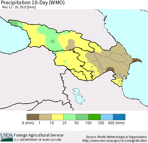 Azerbaijan, Armenia and Georgia Precipitation 10-Day (WMO) Thematic Map For 3/11/2023 - 3/20/2023