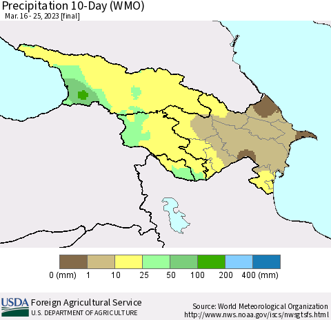 Azerbaijan, Armenia and Georgia Precipitation 10-Day (WMO) Thematic Map For 3/16/2023 - 3/25/2023