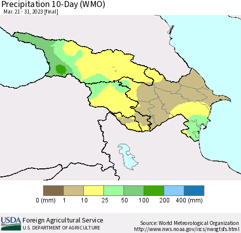 Azerbaijan, Armenia and Georgia Precipitation 10-Day (WMO) Thematic Map For 3/21/2023 - 3/31/2023