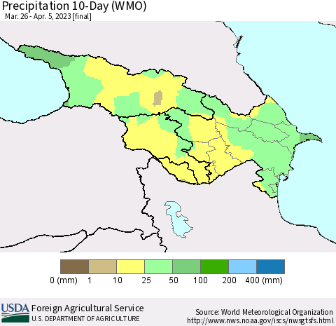 Azerbaijan, Armenia and Georgia Precipitation 10-Day (WMO) Thematic Map For 3/26/2023 - 4/5/2023