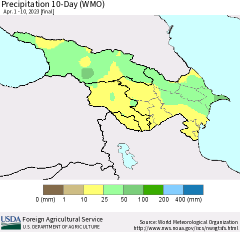 Azerbaijan, Armenia and Georgia Precipitation 10-Day (WMO) Thematic Map For 4/1/2023 - 4/10/2023