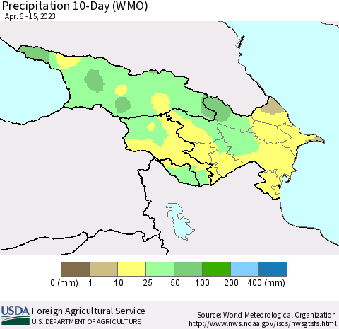 Azerbaijan, Armenia and Georgia Precipitation 10-Day (WMO) Thematic Map For 4/6/2023 - 4/15/2023